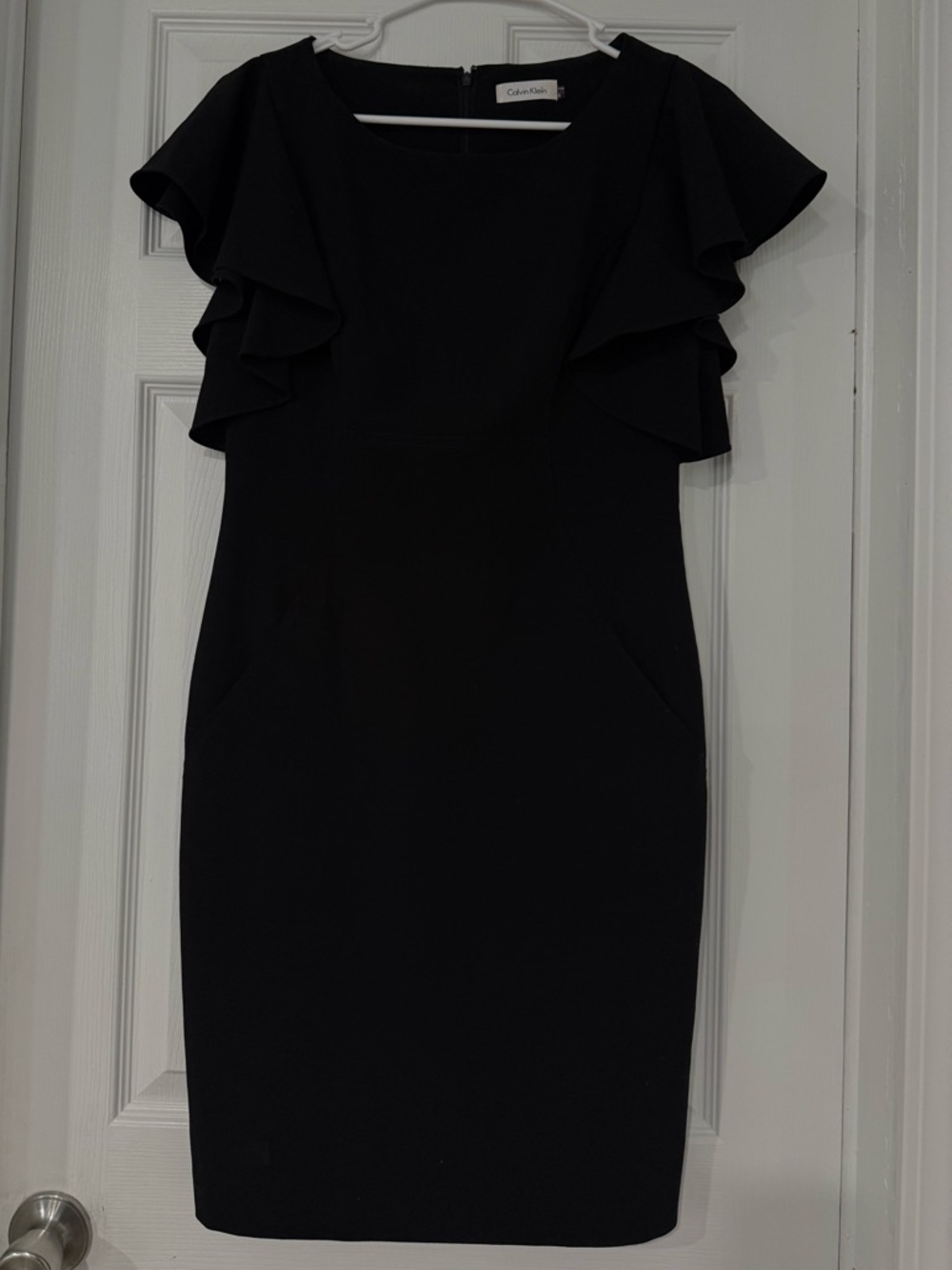 Calvin Klein Black Ruffle-Sleeve Midi Sheath Dress